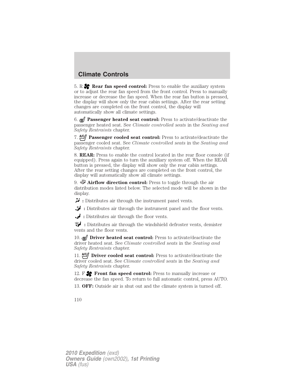 Climate controls | FORD 2010 Expedition v.1 User Manual | Page 110 / 420