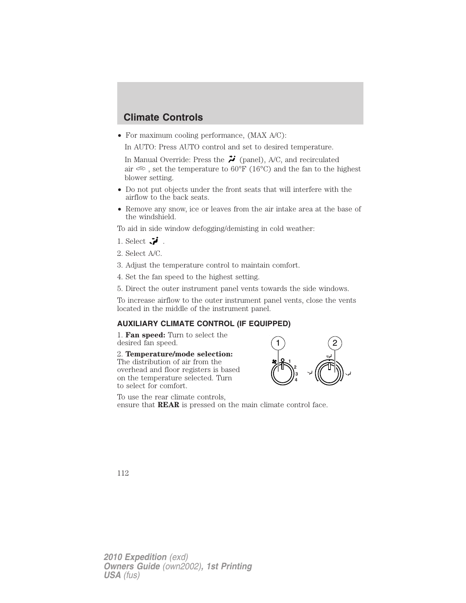 Auxiliary climate control (if equipped), Climate controls | FORD 2010 Expedition v.1 User Manual | Page 112 / 420