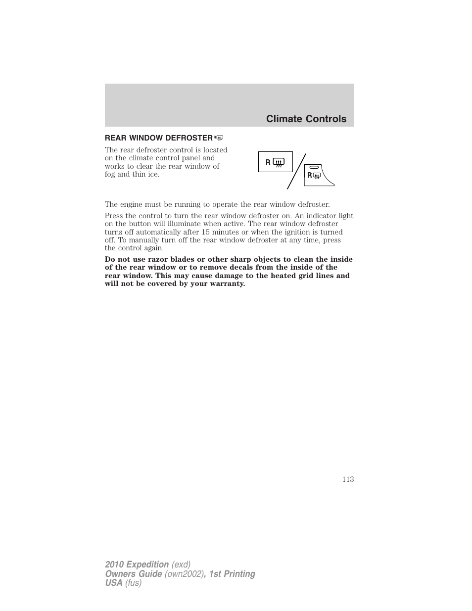 Rear window defroster, Climate controls | FORD 2010 Expedition v.1 User Manual | Page 113 / 420