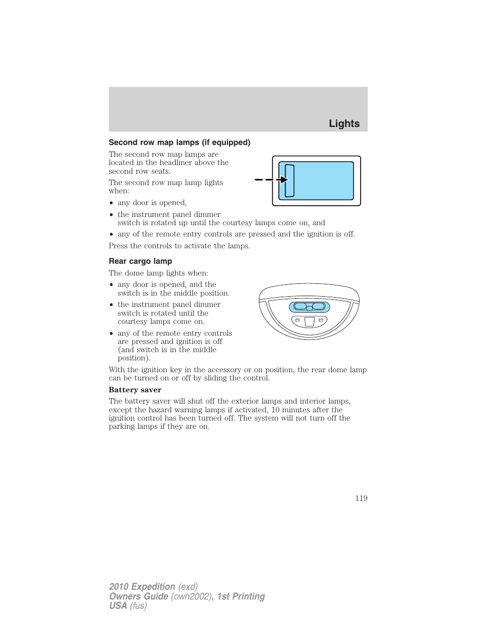 Second row map lamps (if equipped), Rear cargo lamp, Lights | FORD 2010 Expedition v.1 User Manual | Page 119 / 420