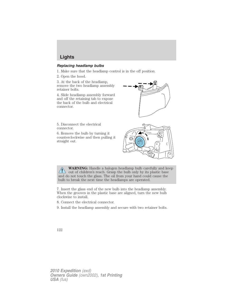 Replacing headlamp bulbs, Lights | FORD 2010 Expedition v.1 User Manual | Page 122 / 420