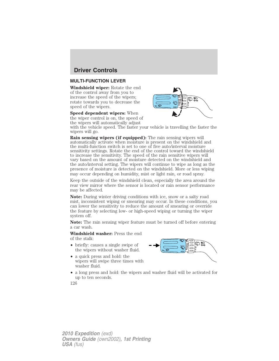 Driver controls, Multi-function lever, Windshield wiper/washer control | FORD 2010 Expedition v.1 User Manual | Page 126 / 420