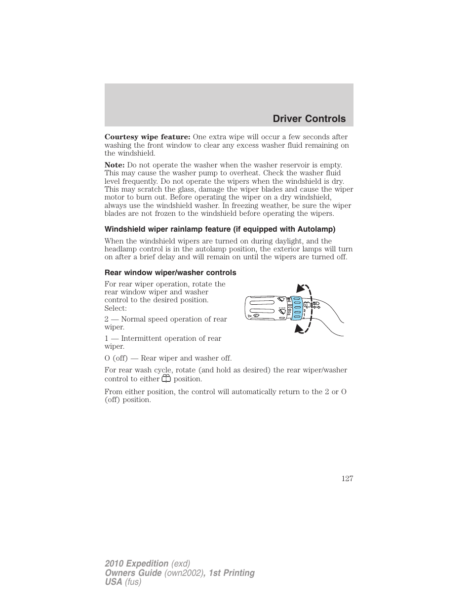 Rear window wiper/washer controls, Driver controls | FORD 2010 Expedition v.1 User Manual | Page 127 / 420