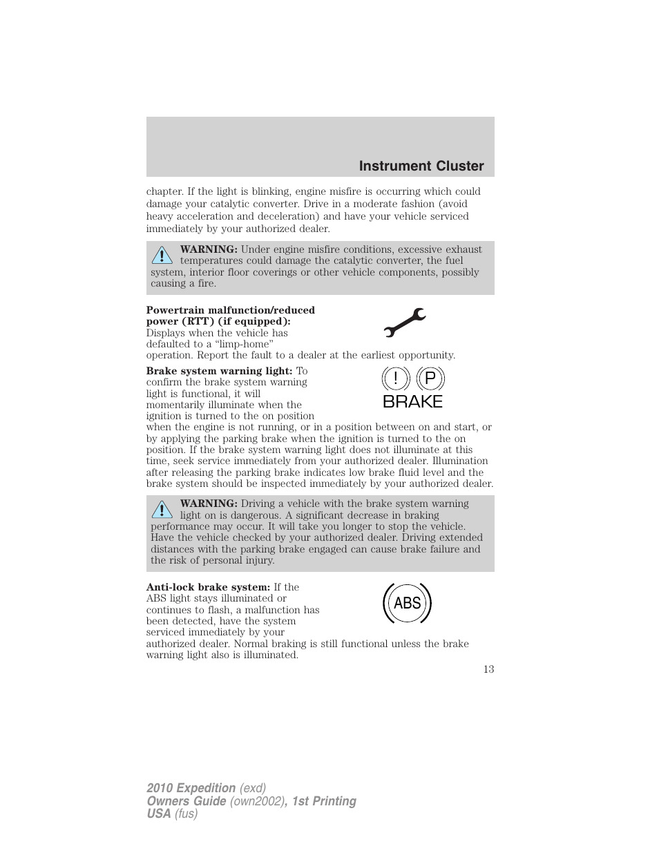 P! brake abs | FORD 2010 Expedition v.1 User Manual | Page 13 / 420