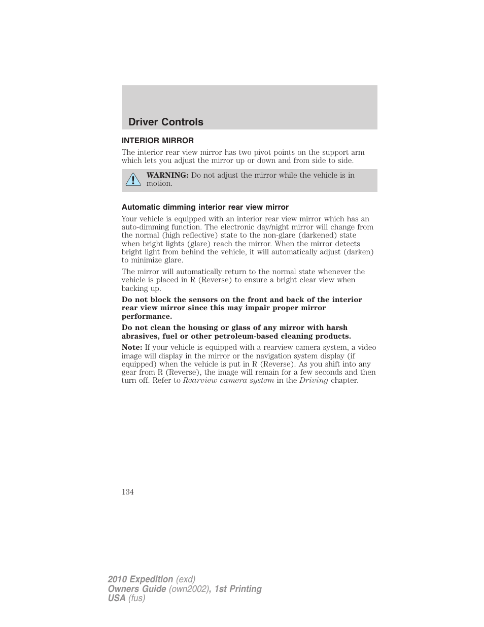 Interior mirror, Automatic dimming interior rear view mirror, Mirrors | Driver controls | FORD 2010 Expedition v.1 User Manual | Page 134 / 420