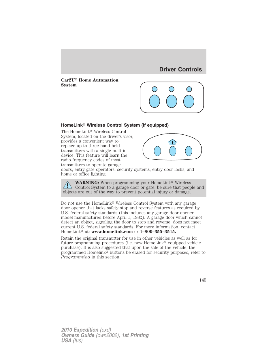 Homelink wireless control system (if equipped), Driver controls | FORD 2010 Expedition v.1 User Manual | Page 145 / 420