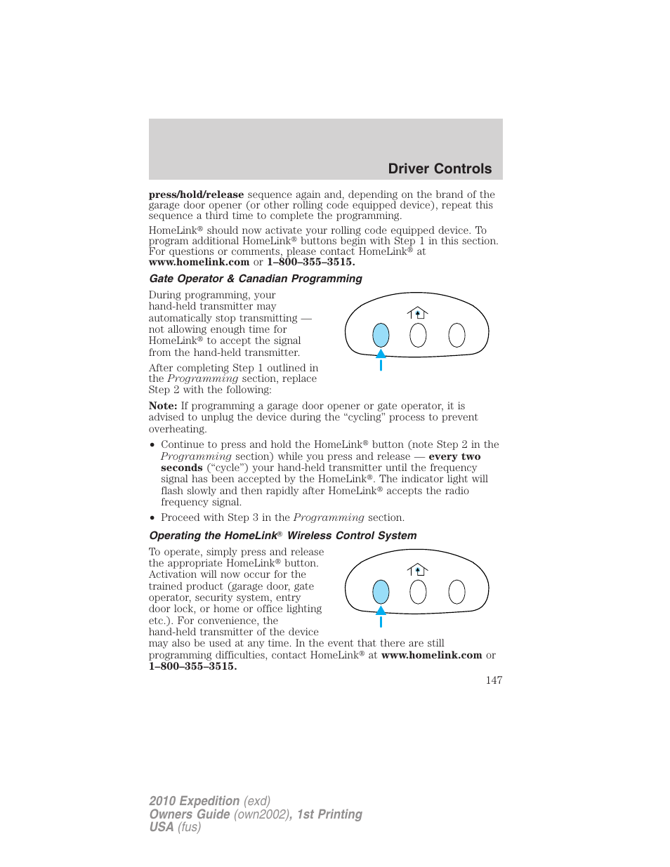 Gate operator & canadian programming, Operating the homelink wireless control system, Driver controls | FORD 2010 Expedition v.1 User Manual | Page 147 / 420