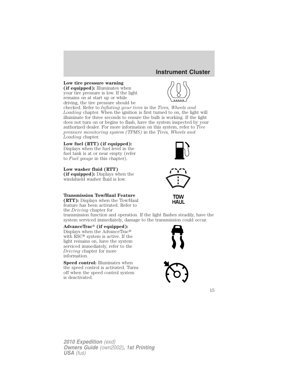 Instrument cluster | FORD 2010 Expedition v.1 User Manual | Page 15 / 420