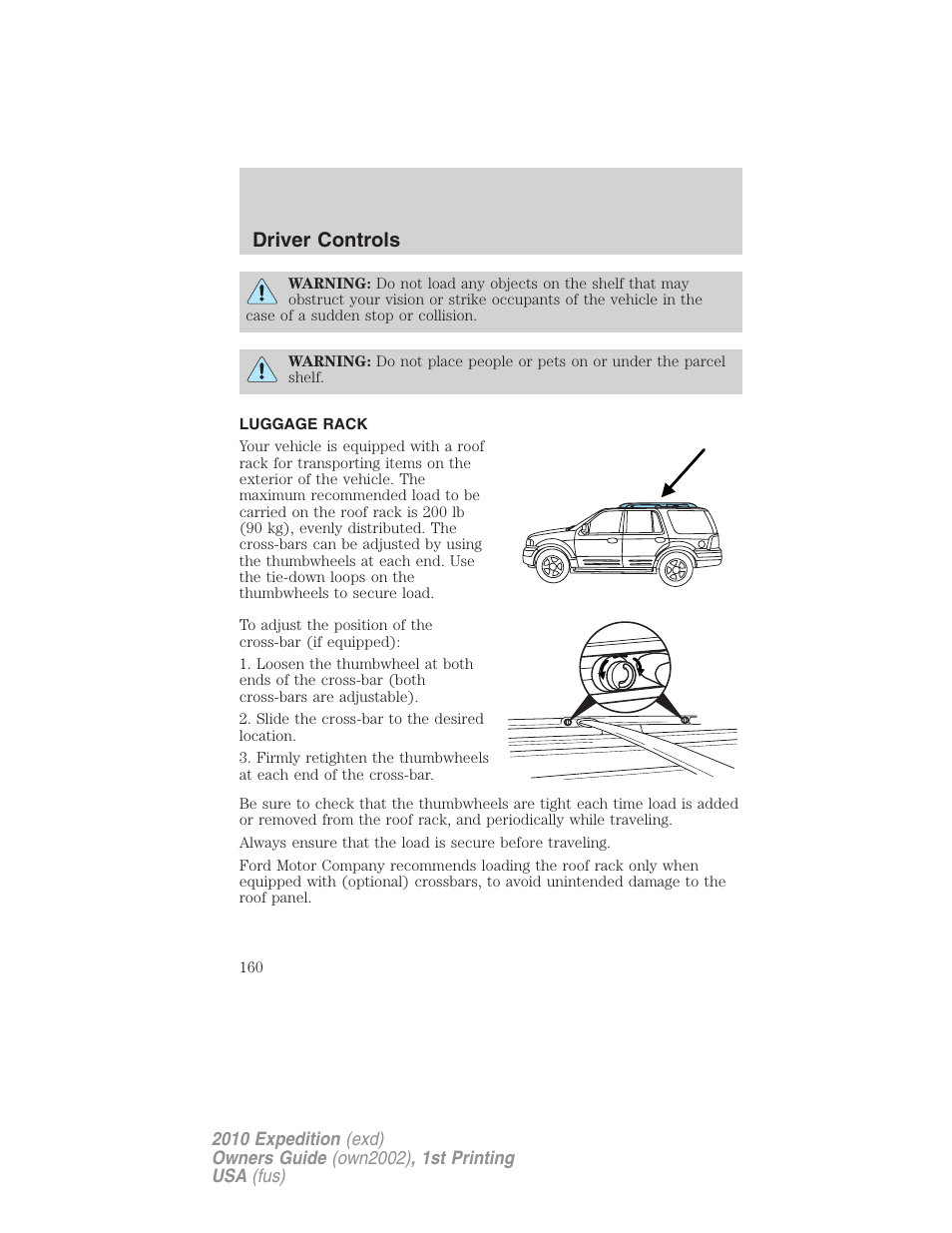 Luggage rack, Driver controls | FORD 2010 Expedition v.1 User Manual | Page 160 / 420