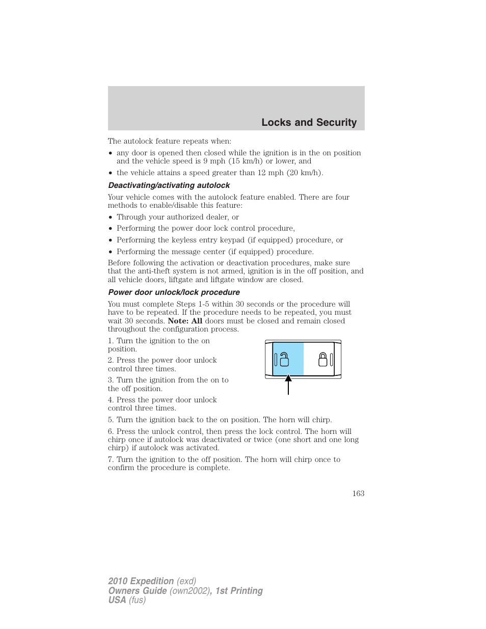 Deactivating/activating autolock, Power door unlock/lock procedure, Locks and security | FORD 2010 Expedition v.1 User Manual | Page 163 / 420