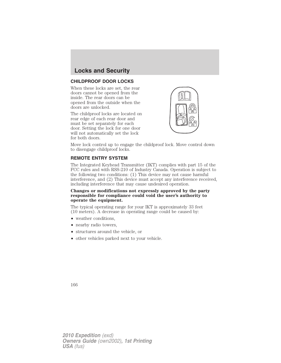 Childproof door locks, Remote entry system, Locks and security | FORD 2010 Expedition v.1 User Manual | Page 166 / 420