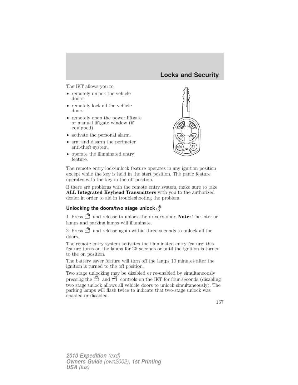 Unlocking the doors/two stage unlock, Locks and security | FORD 2010 Expedition v.1 User Manual | Page 167 / 420