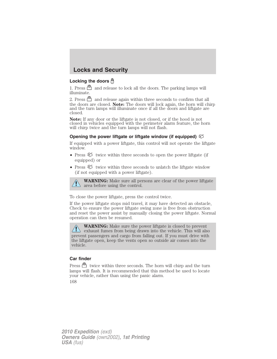 Locking the doors, Car finder, Locks and security | FORD 2010 Expedition v.1 User Manual | Page 168 / 420