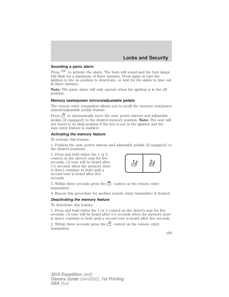 Sounding a panic alarm, Memory seats/power mirrors/adjustable pedals, Activating the memory feature | Deactivating the memory feature, Locks and security | FORD 2010 Expedition v.1 User Manual | Page 169 / 420