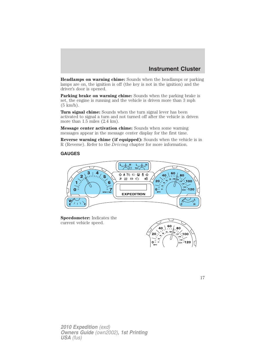 Gauges, Instrument cluster | FORD 2010 Expedition v.1 User Manual | Page 17 / 420