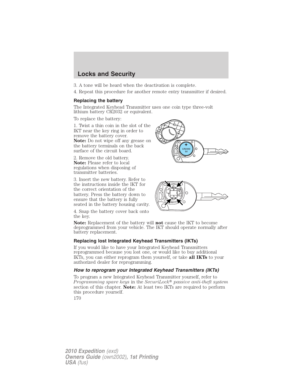 Replacing the battery, Locks and security | FORD 2010 Expedition v.1 User Manual | Page 170 / 420