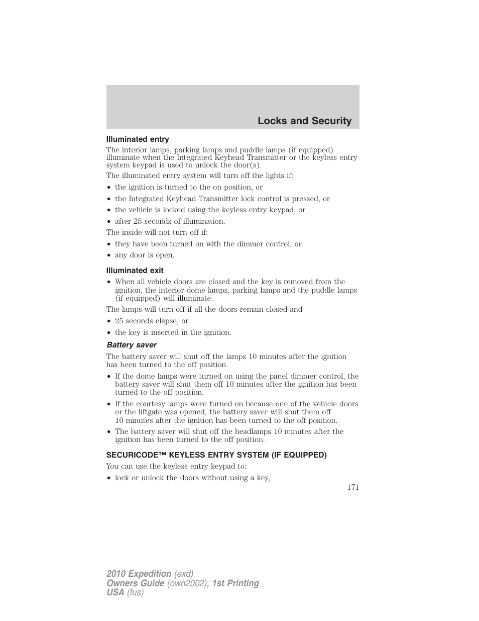 Illuminated entry, Illuminated exit, Battery saver | Securicode™ keyless entry system (if equipped), Locks and security | FORD 2010 Expedition v.1 User Manual | Page 171 / 420