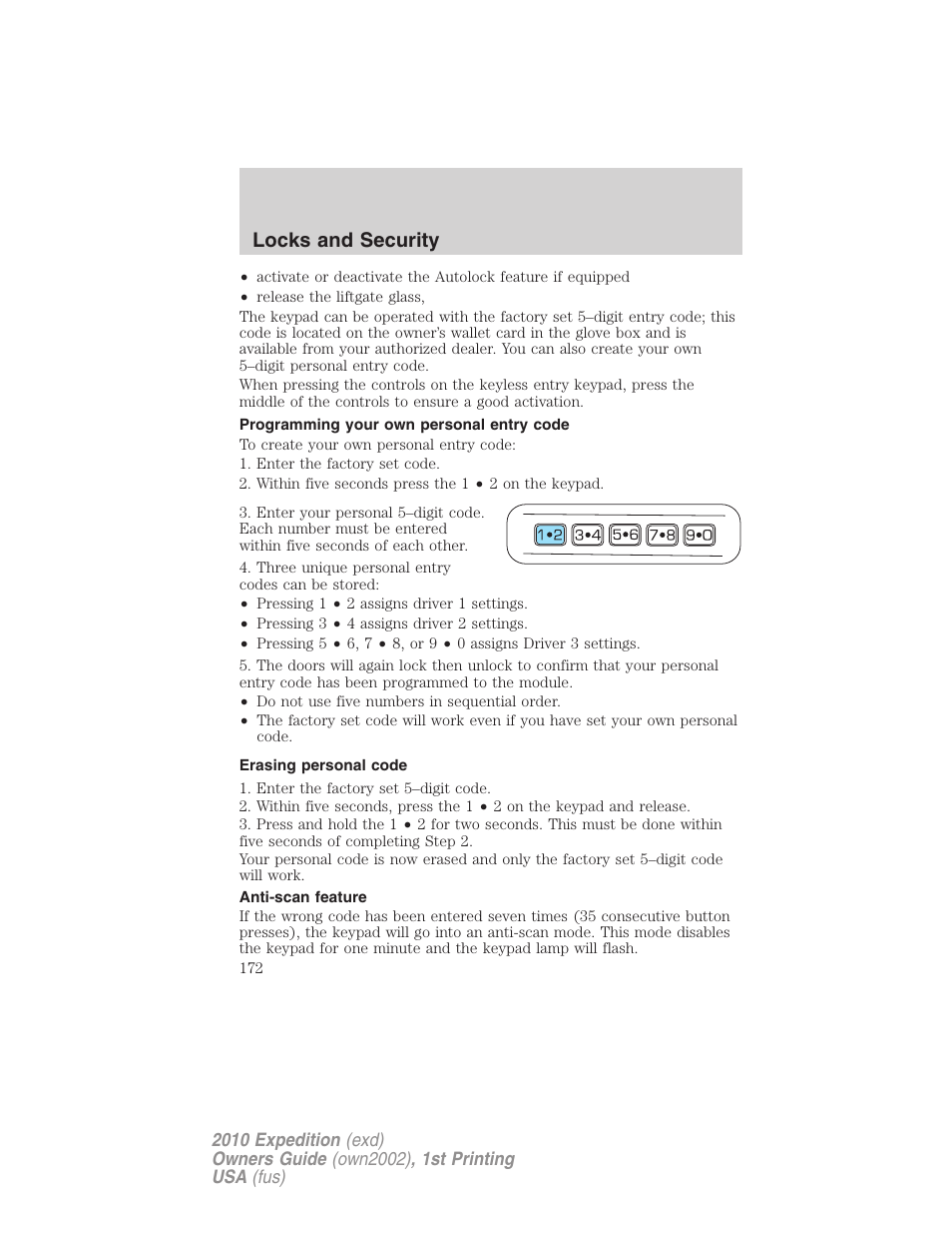 Programming your own personal entry code, Erasing personal code, Anti-scan feature | Locks and security | FORD 2010 Expedition v.1 User Manual | Page 172 / 420