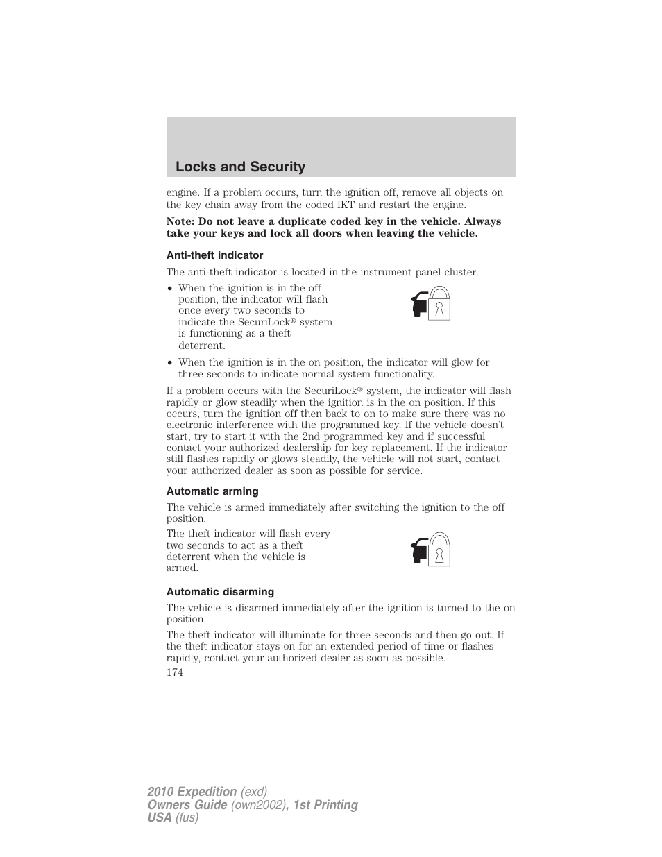 Anti-theft indicator, Automatic arming, Automatic disarming | Locks and security | FORD 2010 Expedition v.1 User Manual | Page 174 / 420