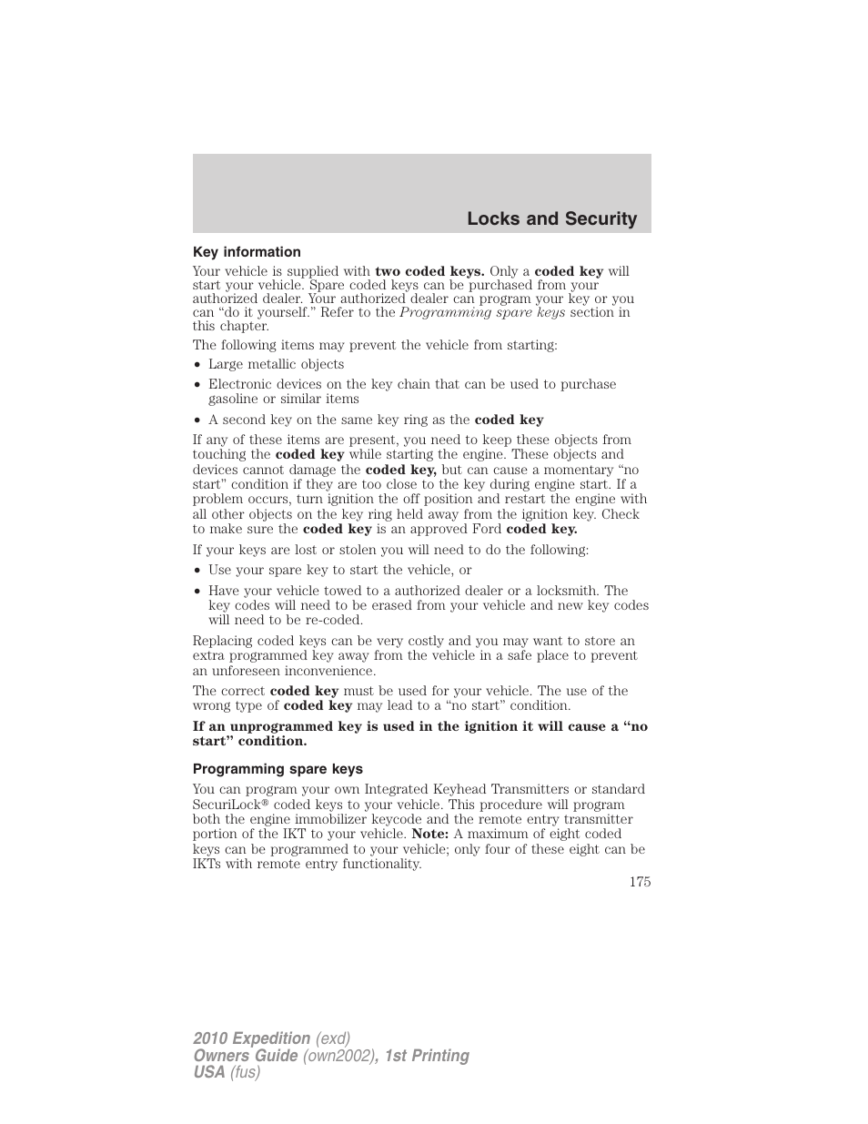 Key information, Programming spare keys, Locks and security | FORD 2010 Expedition v.1 User Manual | Page 175 / 420