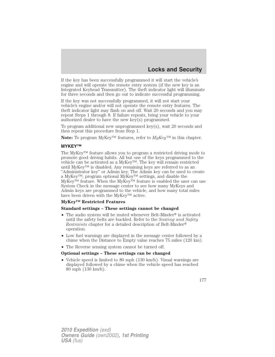 Mykey, Locks and security | FORD 2010 Expedition v.1 User Manual | Page 177 / 420