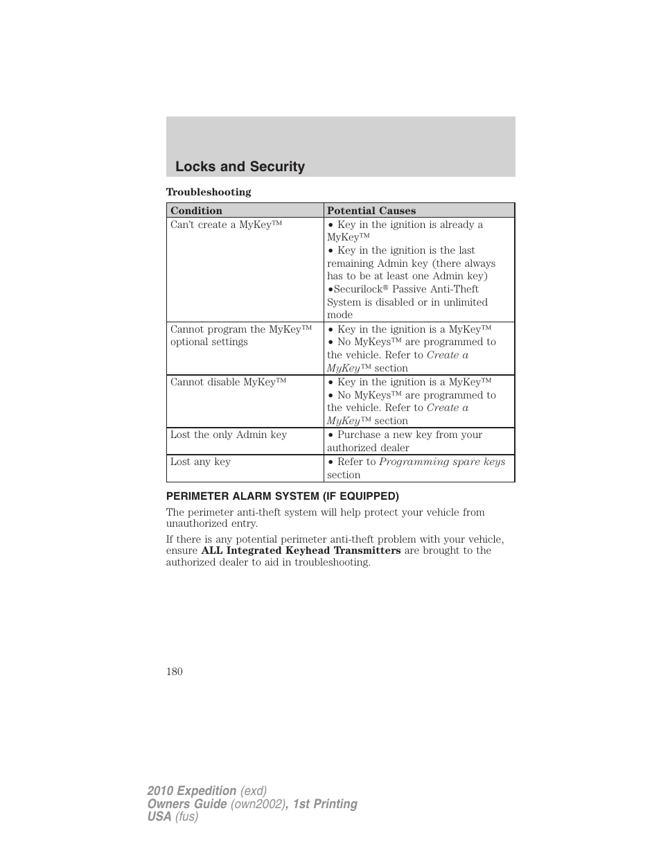 Perimeter alarm system (if equipped), Locks and security | FORD 2010 Expedition v.1 User Manual | Page 180 / 420