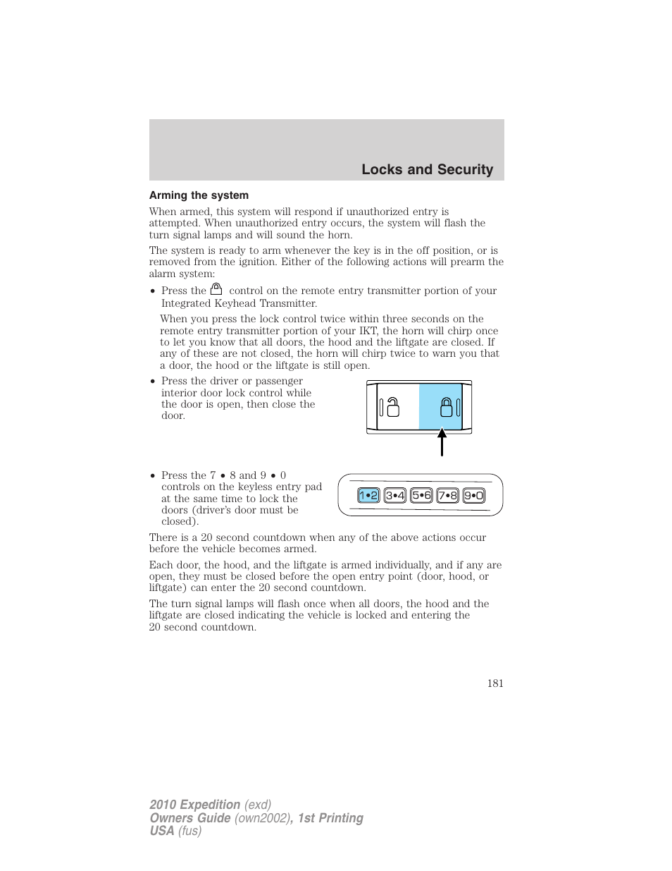 Arming the system, Locks and security | FORD 2010 Expedition v.1 User Manual | Page 181 / 420