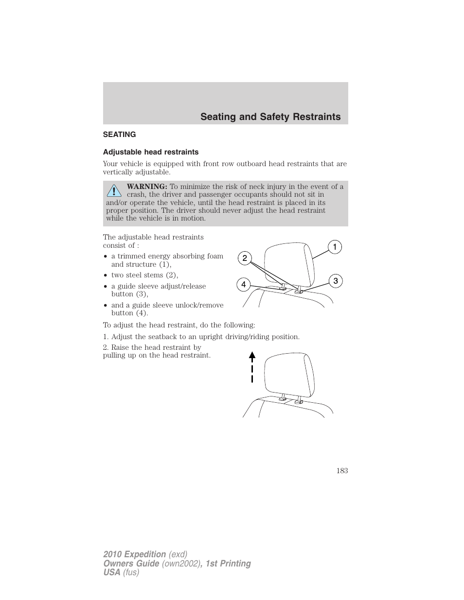 Seating and safety restraints, Seating, Adjustable head restraints | FORD 2010 Expedition v.1 User Manual | Page 183 / 420