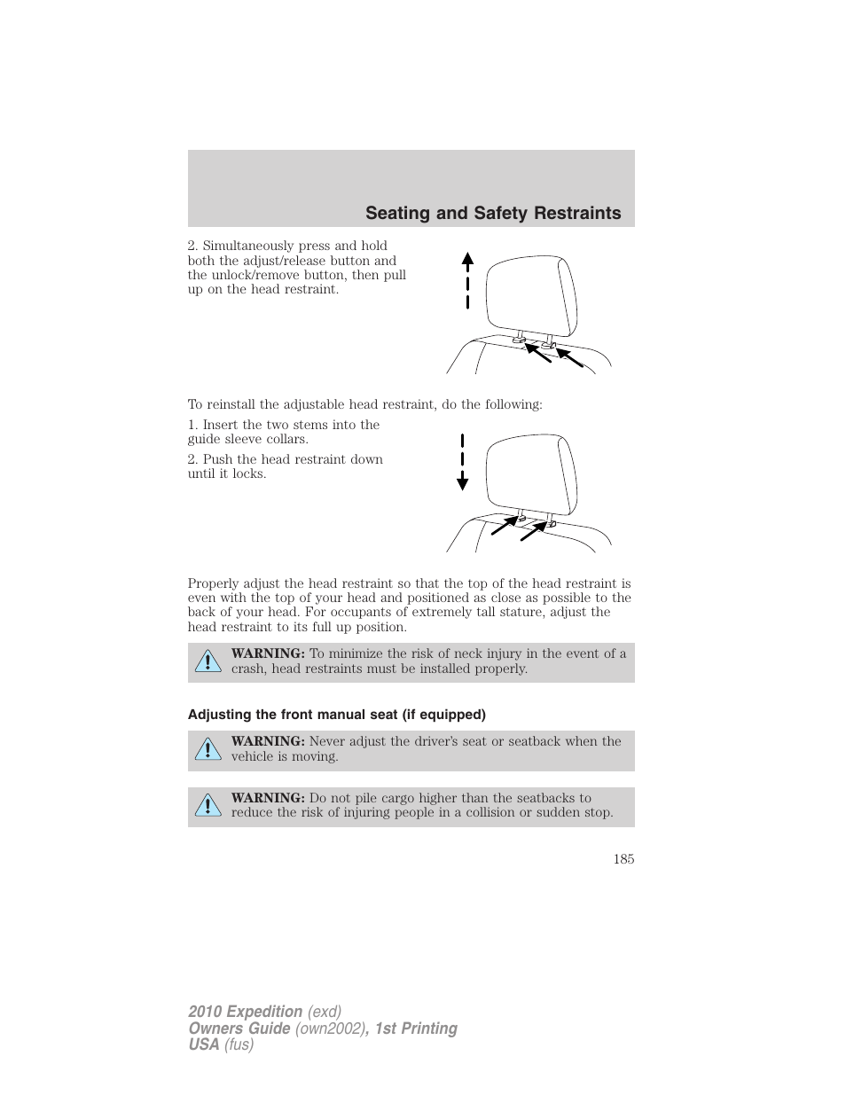 Adjusting the front manual seat (if equipped), Seating and safety restraints | FORD 2010 Expedition v.1 User Manual | Page 185 / 420