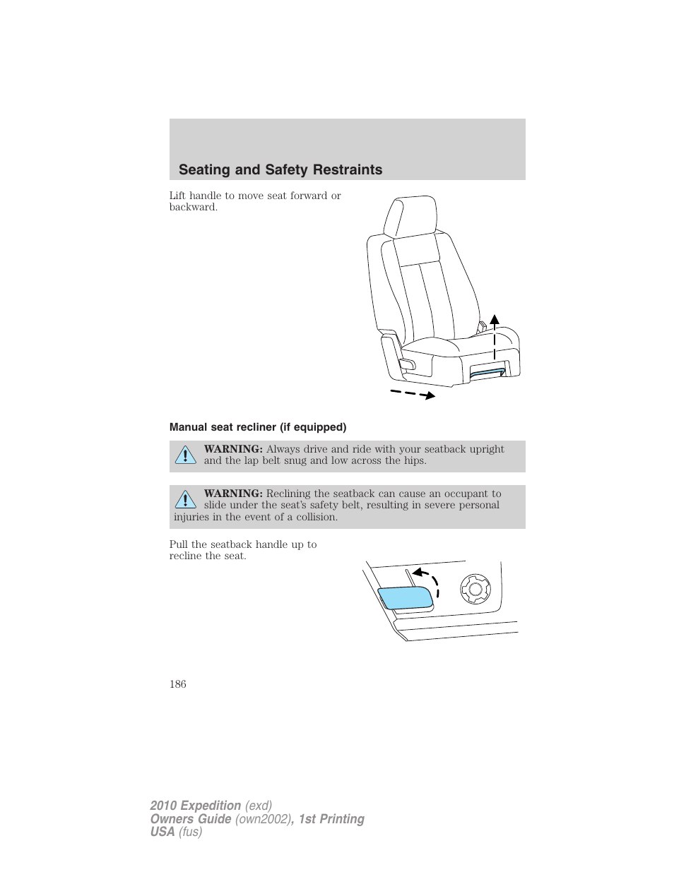 Manual seat recliner (if equipped), Seating and safety restraints | FORD 2010 Expedition v.1 User Manual | Page 186 / 420