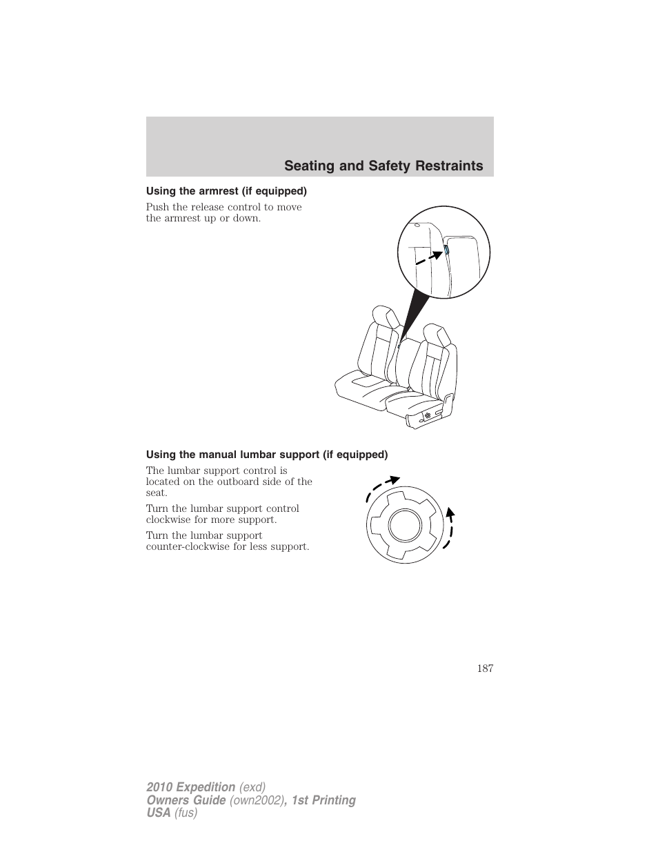 Using the armrest (if equipped), Using the manual lumbar support (if equipped), Seating and safety restraints | FORD 2010 Expedition v.1 User Manual | Page 187 / 420