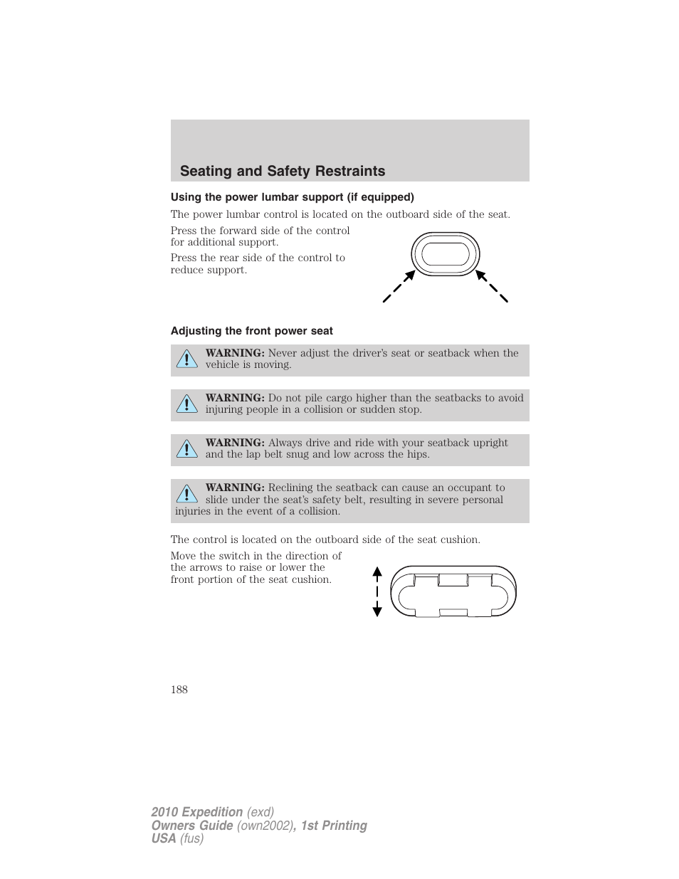 Using the power lumbar support (if equipped), Adjusting the front power seat, Seating and safety restraints | FORD 2010 Expedition v.1 User Manual | Page 188 / 420