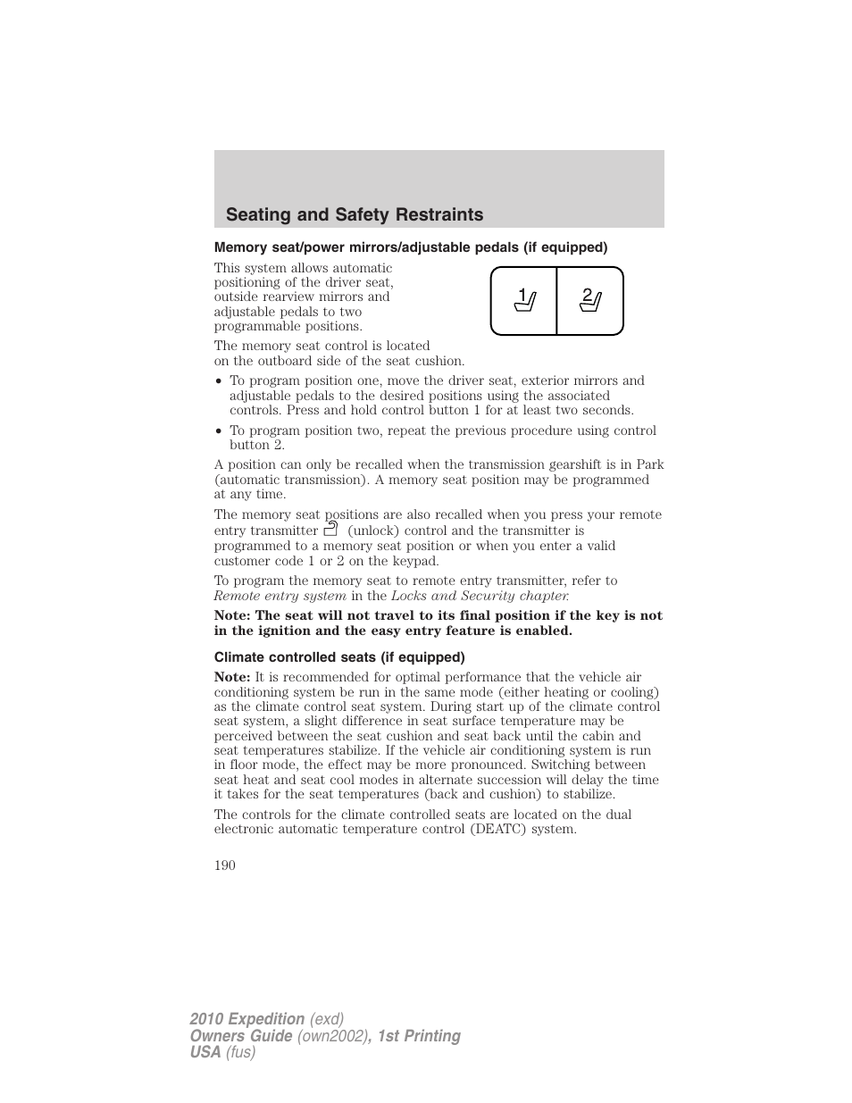 Climate controlled seats (if equipped), Seating and safety restraints | FORD 2010 Expedition v.1 User Manual | Page 190 / 420