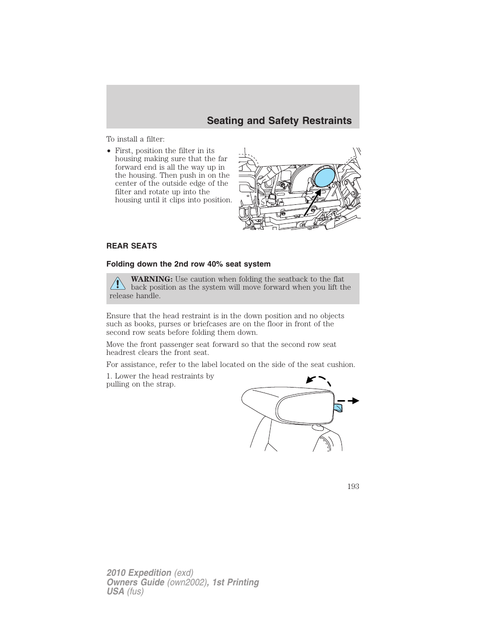 Rear seats, Folding down the 2nd row 40% seat system, Seating and safety restraints | FORD 2010 Expedition v.1 User Manual | Page 193 / 420