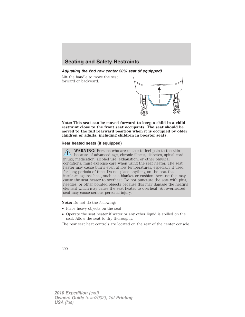 Rear heated seats (if equipped), Seating and safety restraints | FORD 2010 Expedition v.1 User Manual | Page 200 / 420