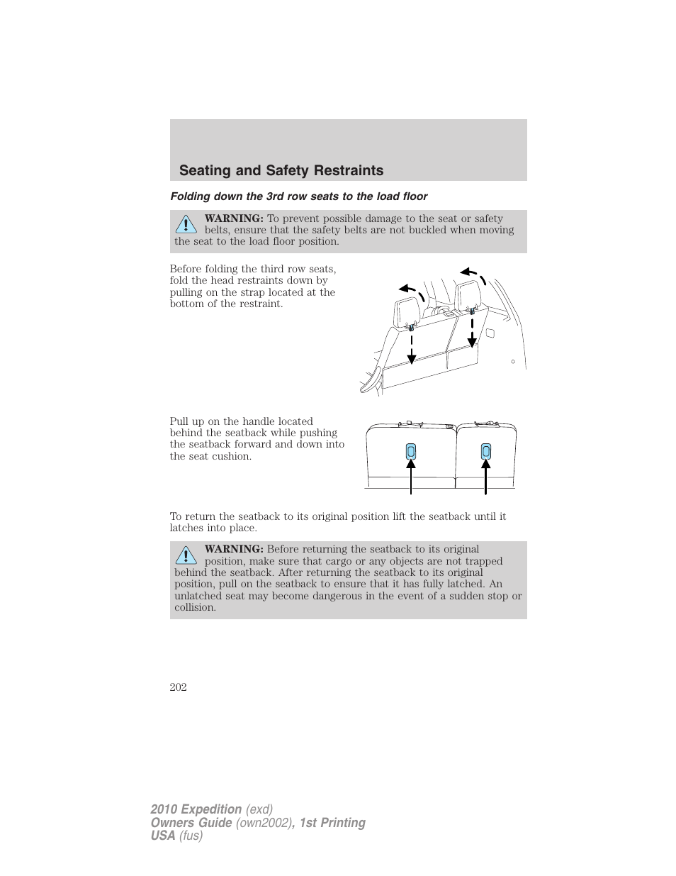 Folding down the 3rd row seats to the load floor, Seating and safety restraints | FORD 2010 Expedition v.1 User Manual | Page 202 / 420