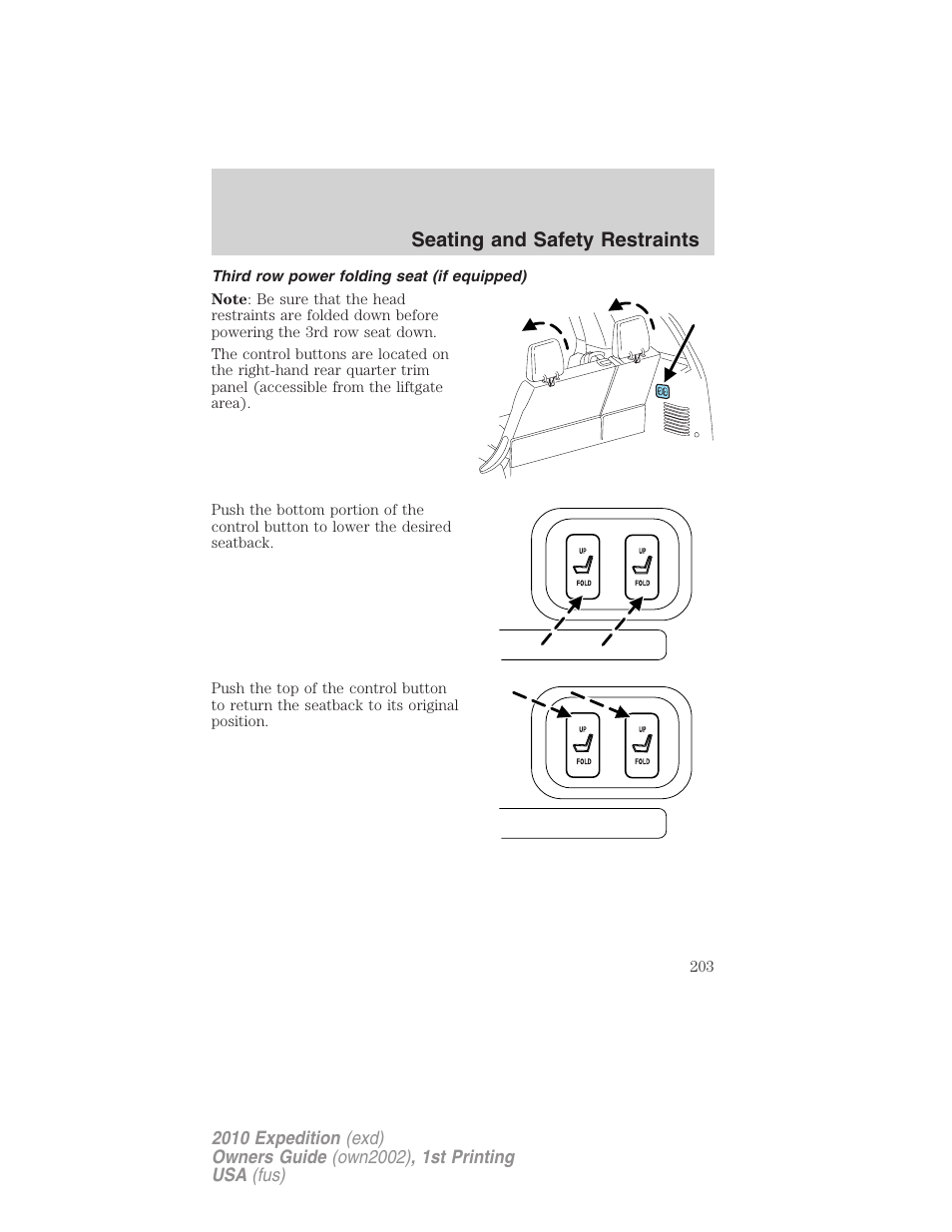 Third row power folding seat (if equipped), Seating and safety restraints | FORD 2010 Expedition v.1 User Manual | Page 203 / 420