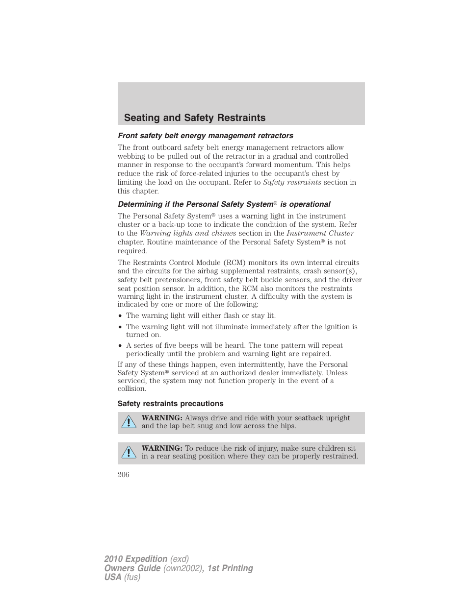 Front safety belt energy management retractors, Safety restraints precautions, Seating and safety restraints | FORD 2010 Expedition v.1 User Manual | Page 206 / 420