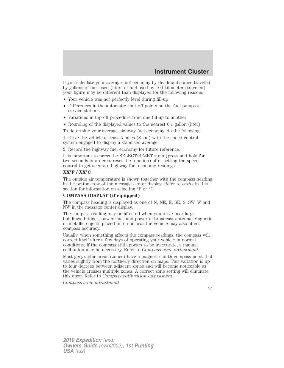 Instrument cluster | FORD 2010 Expedition v.1 User Manual | Page 21 / 420