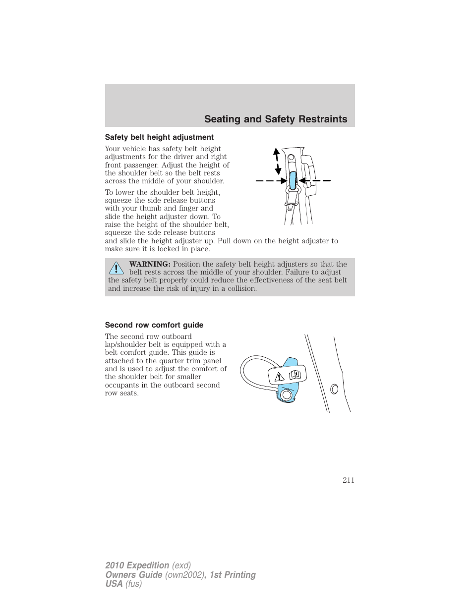 Safety belt height adjustment, Second row comfort guide, Seating and safety restraints | FORD 2010 Expedition v.1 User Manual | Page 211 / 420