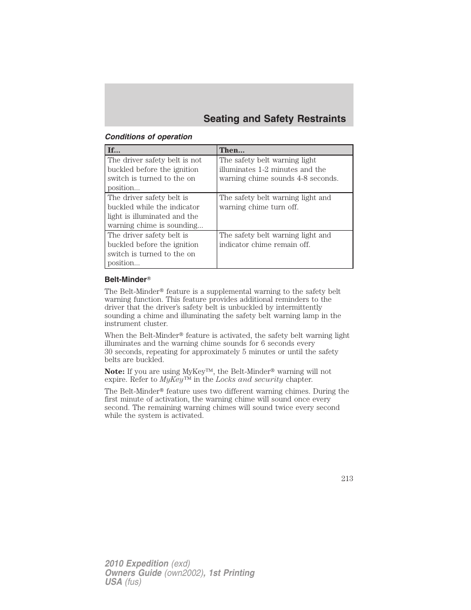 Conditions of operation, Belt-minder, Seating and safety restraints | FORD 2010 Expedition v.1 User Manual | Page 213 / 420