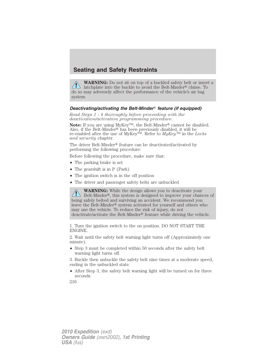 Seating and safety restraints | FORD 2010 Expedition v.1 User Manual | Page 216 / 420