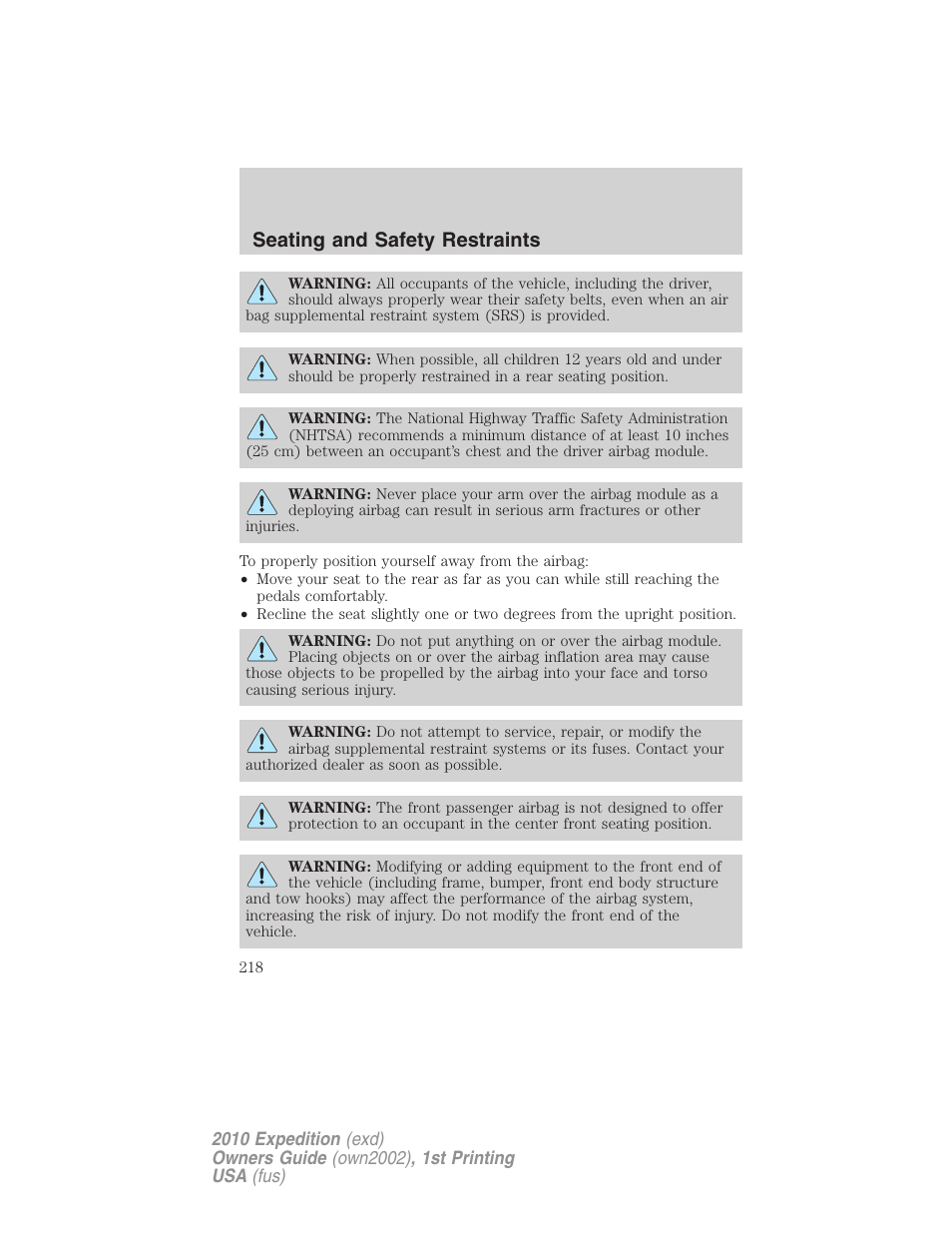 Seating and safety restraints | FORD 2010 Expedition v.1 User Manual | Page 218 / 420