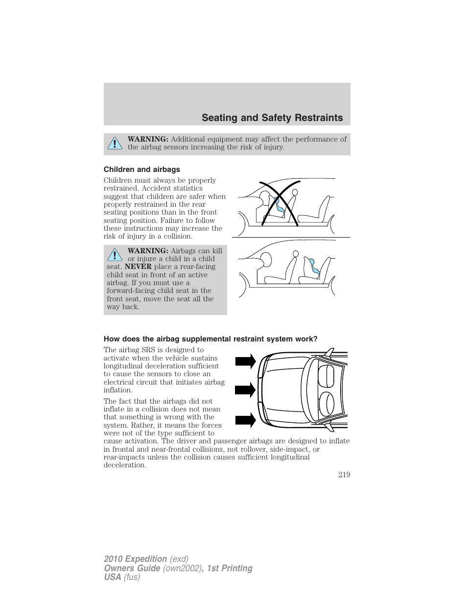 Children and airbags, Seating and safety restraints | FORD 2010 Expedition v.1 User Manual | Page 219 / 420