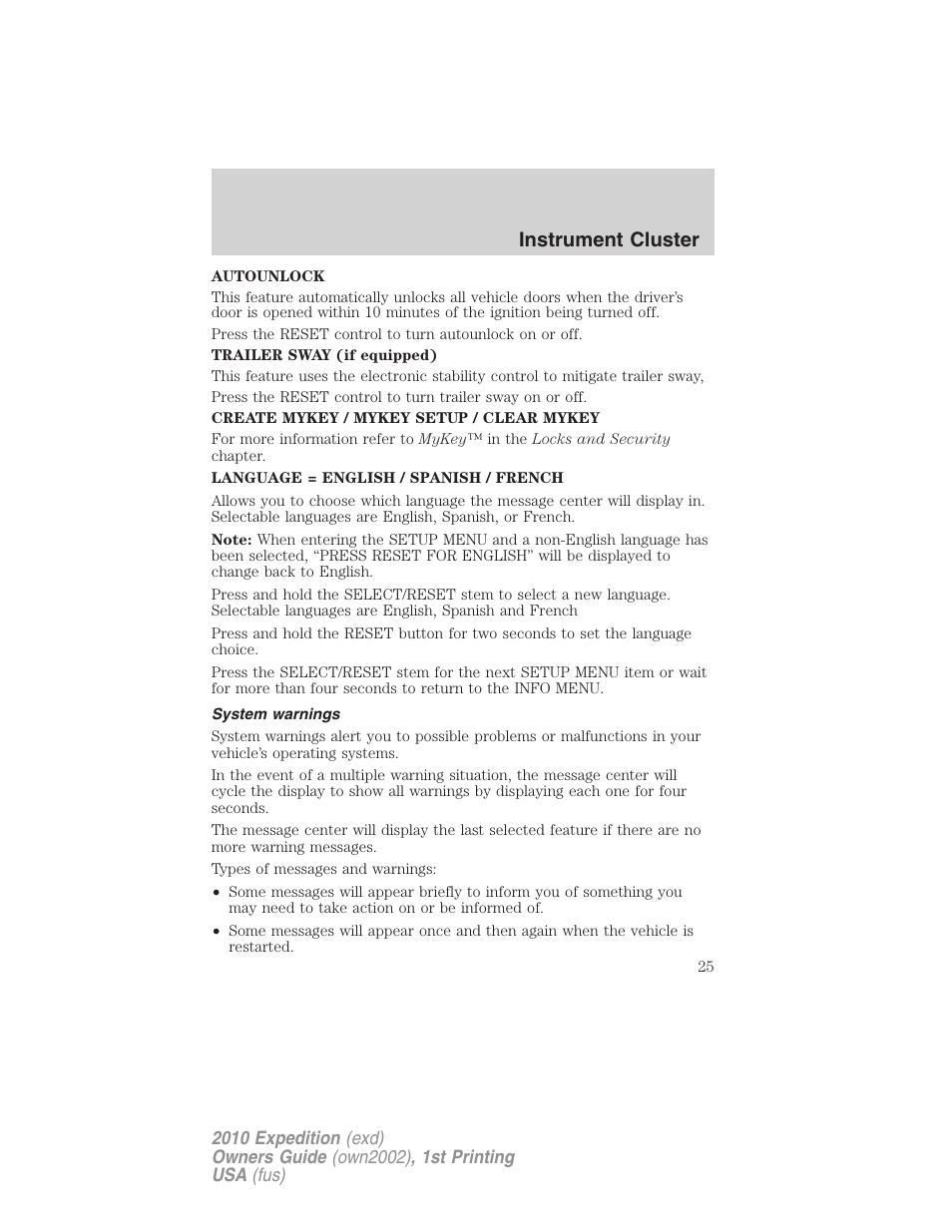 System warnings, Instrument cluster | FORD 2010 Expedition v.1 User Manual | Page 25 / 420