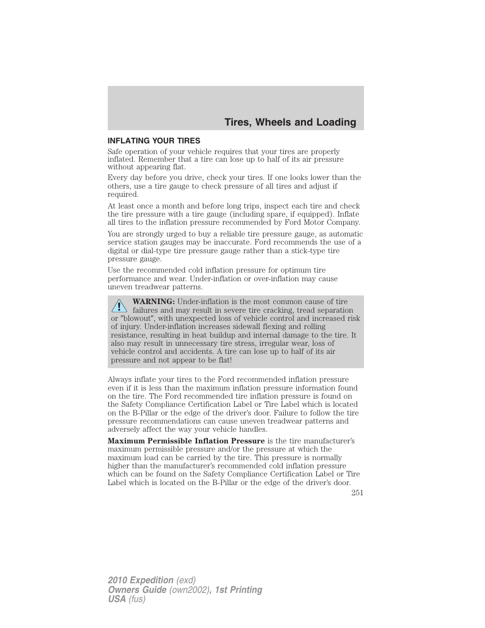 Inflating your tires, Tire inflation, Tires, wheels and loading | FORD 2010 Expedition v.1 User Manual | Page 251 / 420