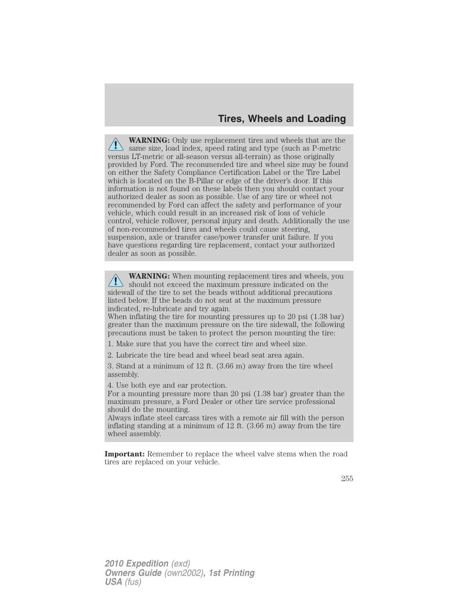 Tires, wheels and loading | FORD 2010 Expedition v.1 User Manual | Page 255 / 420