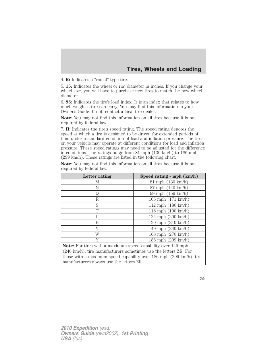 Tires, wheels and loading | FORD 2010 Expedition v.1 User Manual | Page 259 / 420