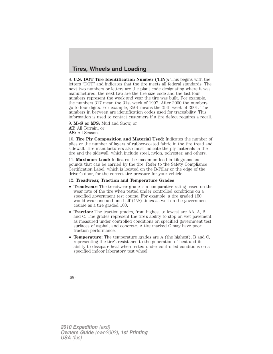 Tires, wheels and loading | FORD 2010 Expedition v.1 User Manual | Page 260 / 420