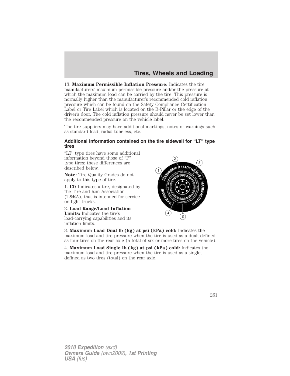 Tires, wheels and loading | FORD 2010 Expedition v.1 User Manual | Page 261 / 420